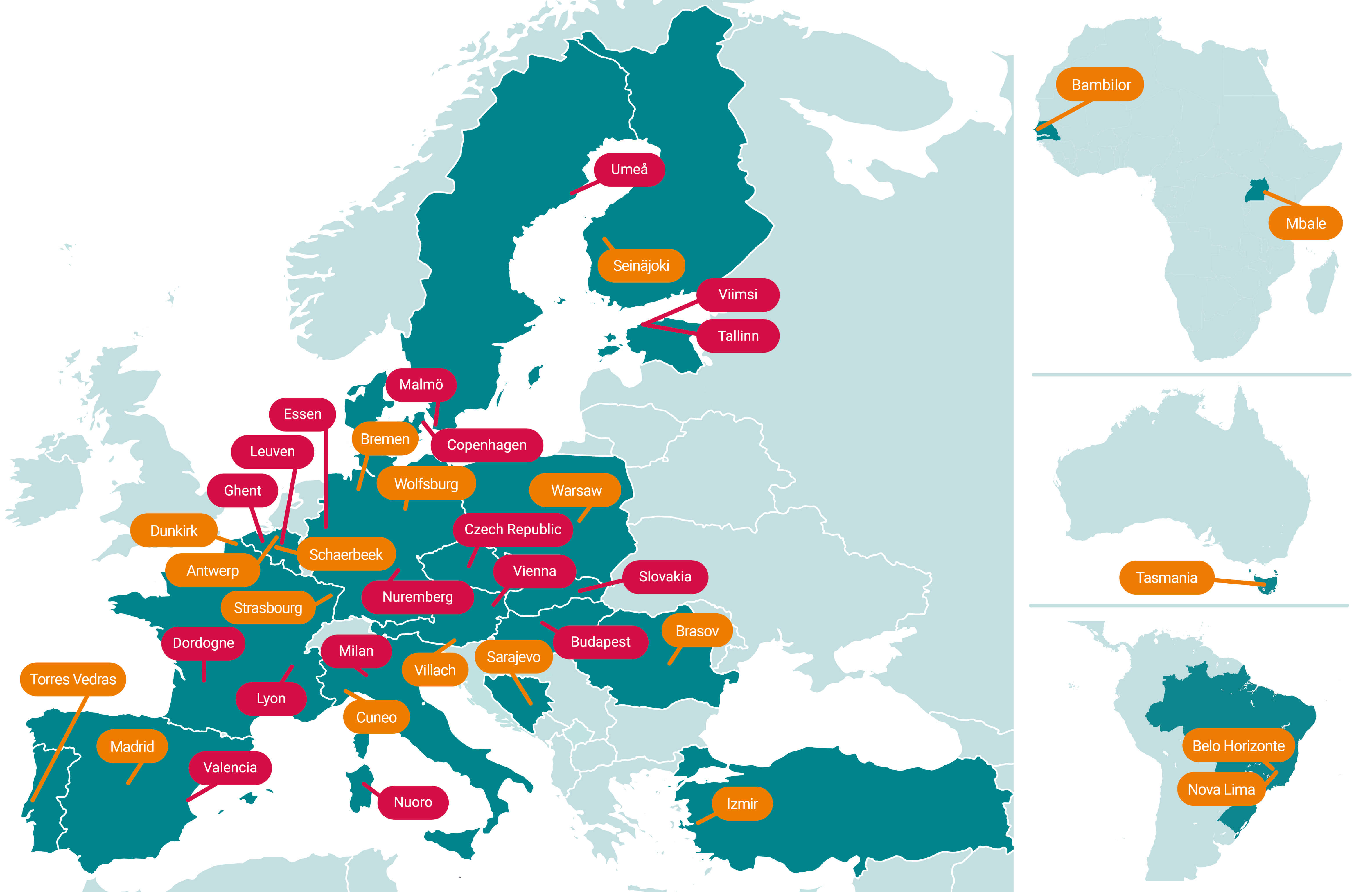 SchoolFood4Change world map, including partners and replication cities worldwide